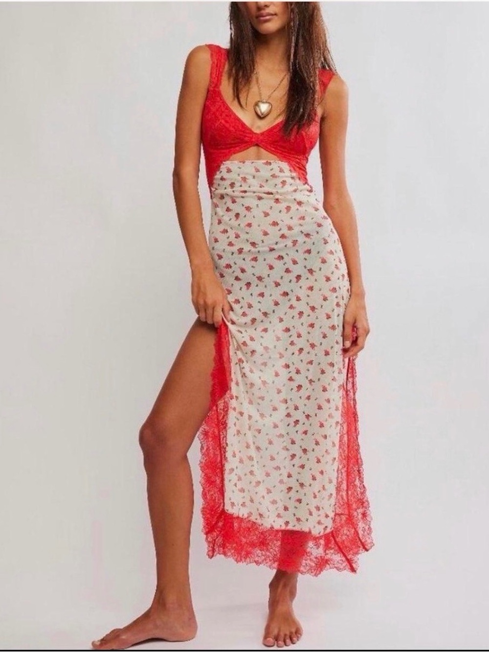 Free people Red Lace-Trim Floral Slip Dress